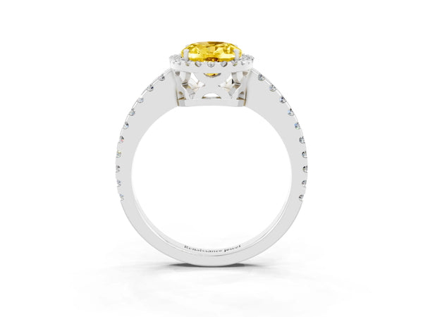 Silver Oval Cut Yellow Sapphire Halo Engagement Ring with Pavé Band and Prong Setting