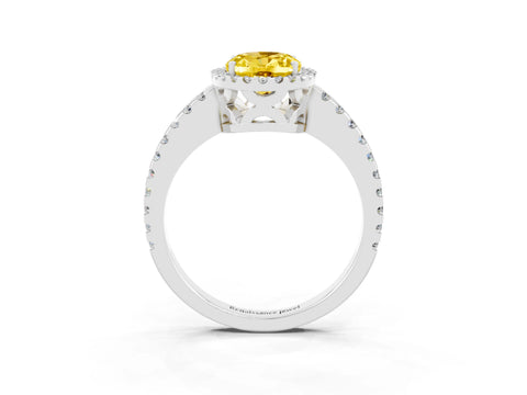 White gold Oval Cut Yellow Sapphire Halo Engagement Ring with Pavé Band and Prong Setting_15