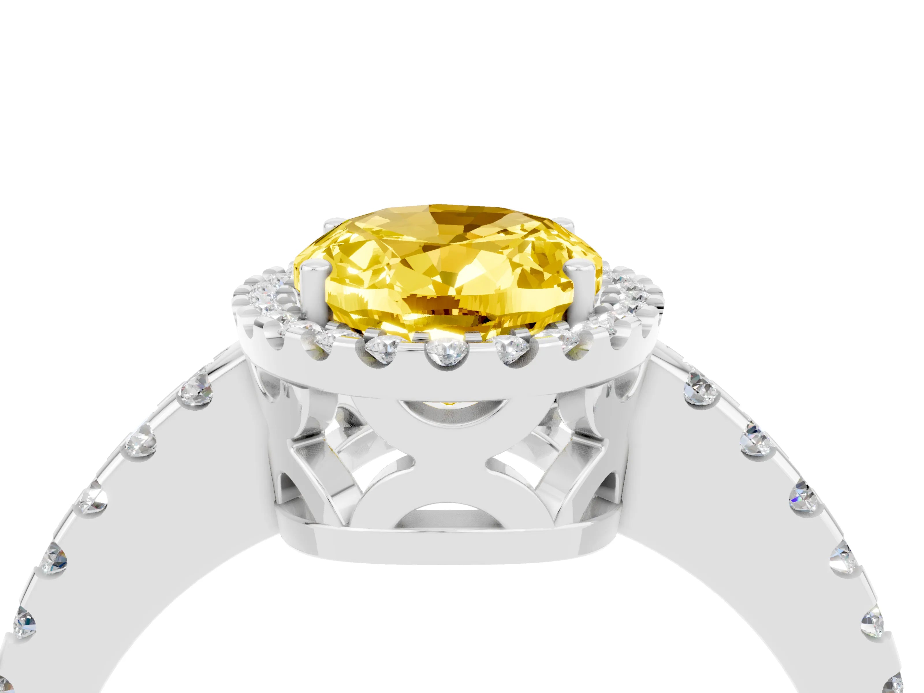White gold Oval Cut Yellow Sapphire Halo Engagement Ring with Pavé Band and Prong Setting_16