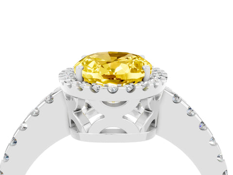 White gold Oval Cut Yellow Sapphire Halo Engagement Ring with Pavé Band and Prong Setting_16