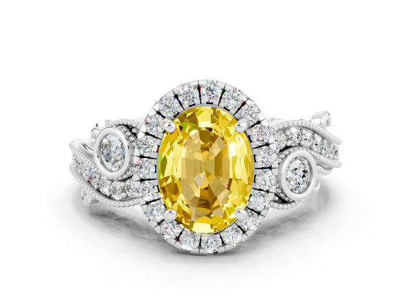 White gold Oval Cut Yellow Sapphire Halo Ring with Milgrain Pavé Band and Four-Prong Setting