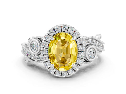 White gold Oval Cut Yellow Sapphire Halo Ring with Milgrain Pavé Band and Four-Prong Setting_12