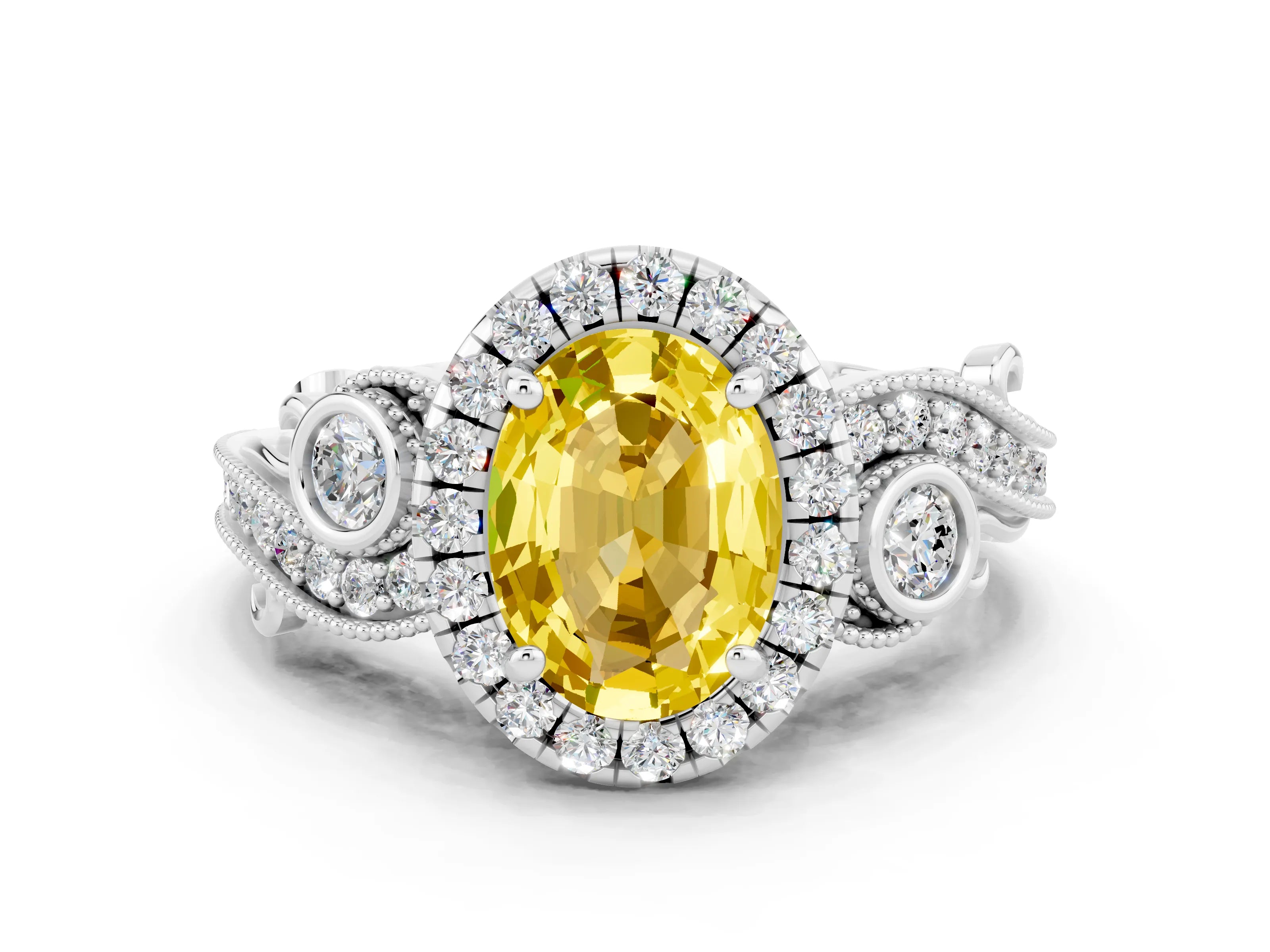 White gold Oval Cut Yellow Sapphire Halo Ring with Milgrain Pavé Band and Four-Prong Setting_12
