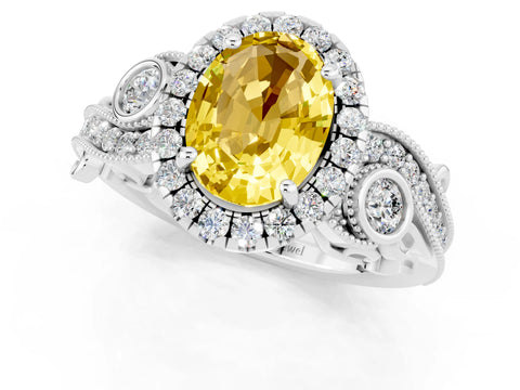 White gold Oval Cut Yellow Sapphire Halo Ring with Milgrain Pavé Band and Four-Prong Setting_13
