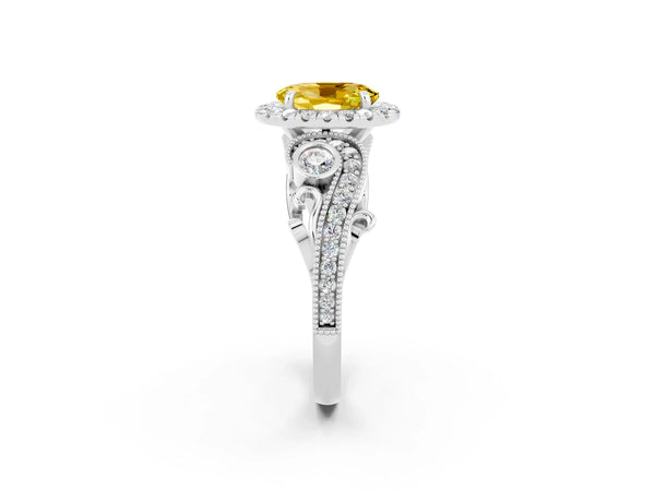 Silver Oval Cut Yellow Sapphire Halo Ring with Milgrain Pavé Band and Four-Prong Setting