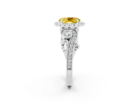White gold Oval Cut Yellow Sapphire Halo Ring with Milgrain Pavé Band and Four-Prong Setting_14
