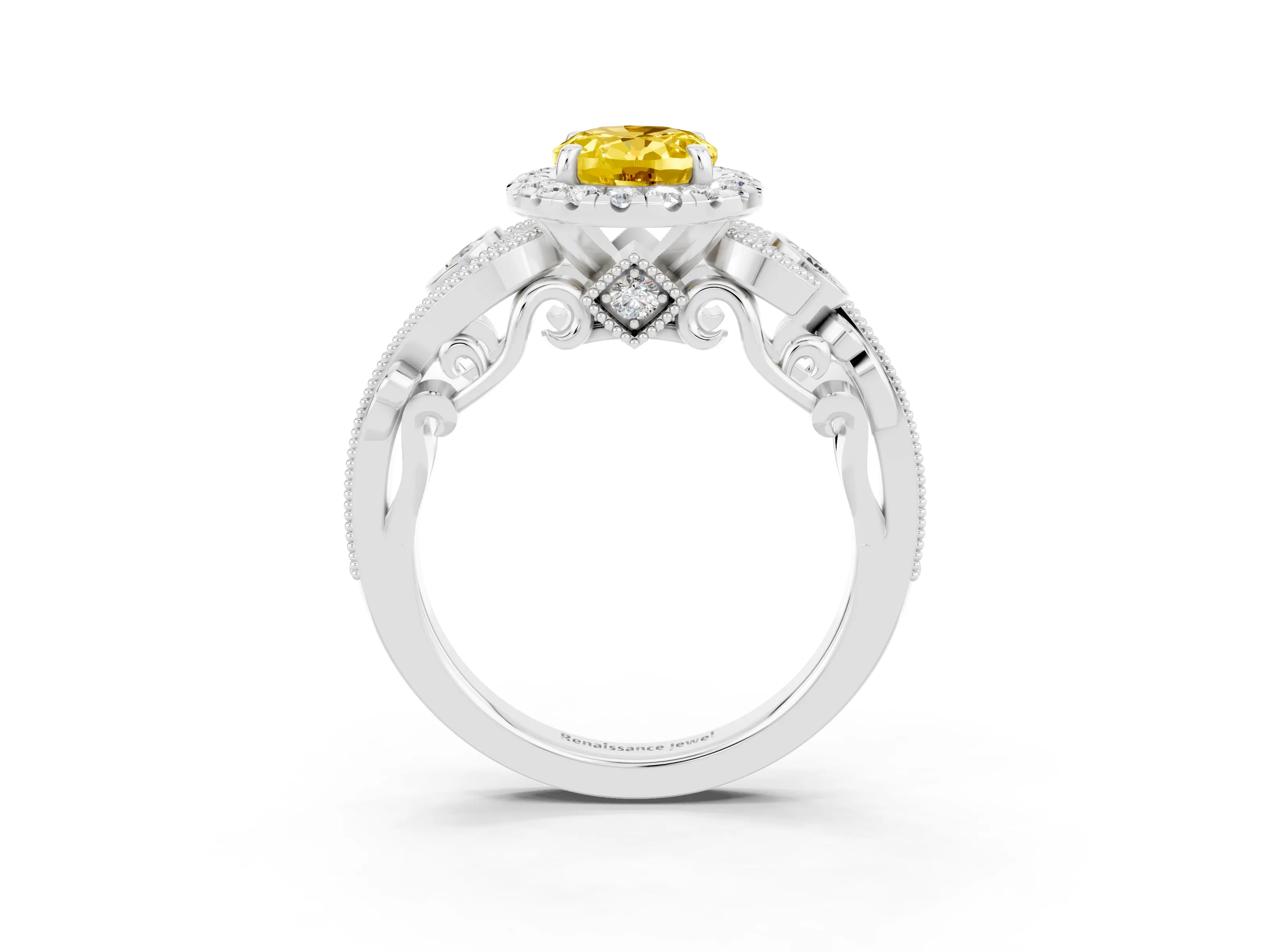 White gold Oval Cut Yellow Sapphire Halo Ring with Milgrain Pavé Band and Four-Prong Setting_15