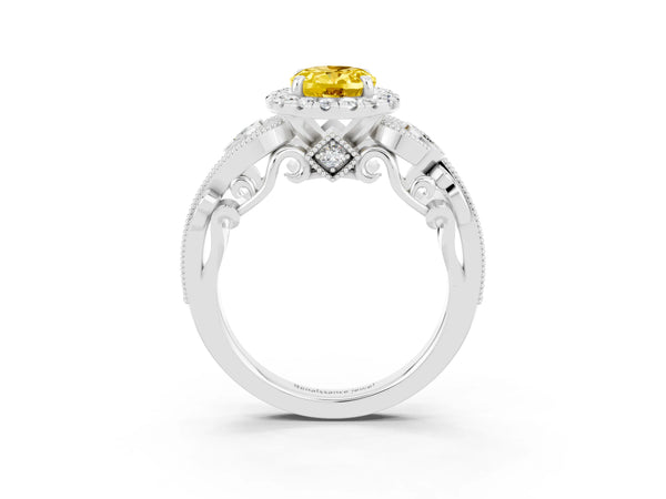 Silver Oval Cut Yellow Sapphire Halo Ring with Milgrain Pavé Band and Four-Prong Setting
