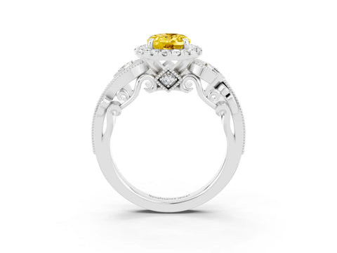 White gold Oval Cut Yellow Sapphire Halo Ring with Milgrain Pavé Band and Four-Prong Setting_15