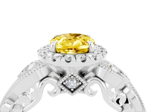 White gold Oval Cut Yellow Sapphire Halo Ring with Milgrain Pavé Band and Four-Prong Setting_16