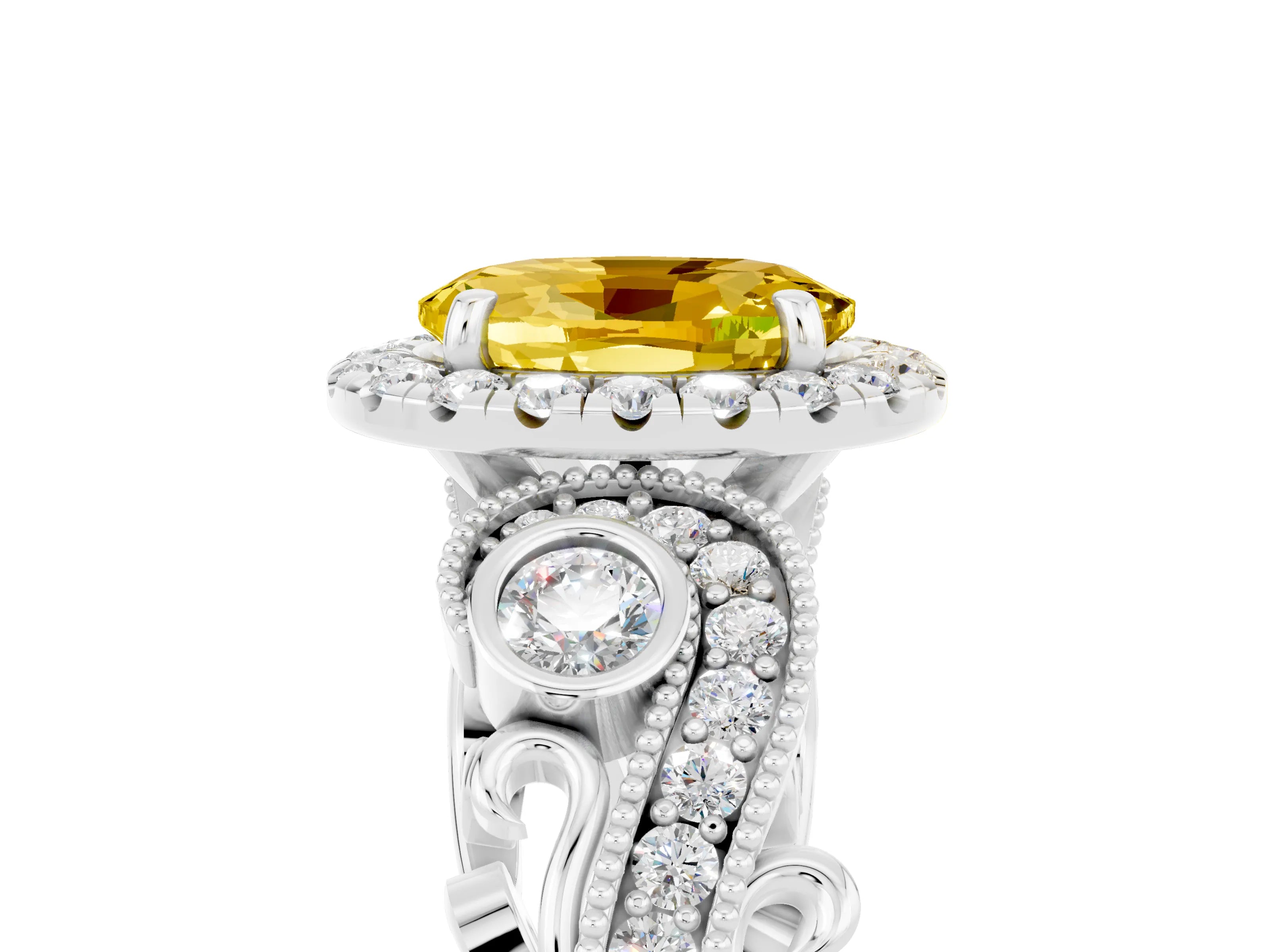 White gold Oval Cut Yellow Sapphire Halo Ring with Milgrain Pavé Band and Four-Prong Setting_17