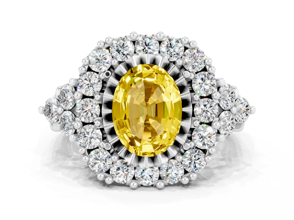 Platinum Oval Cut Yellow Sapphire Halo Ring with Pavé Band and Four-Prong Setting