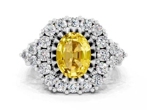 White gold Oval Cut Yellow Sapphire Halo Ring with Pavé Band and Four-Prong Setting_12