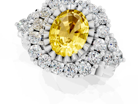 White gold Oval Cut Yellow Sapphire Halo Ring with Pavé Band and Four-Prong Setting_13