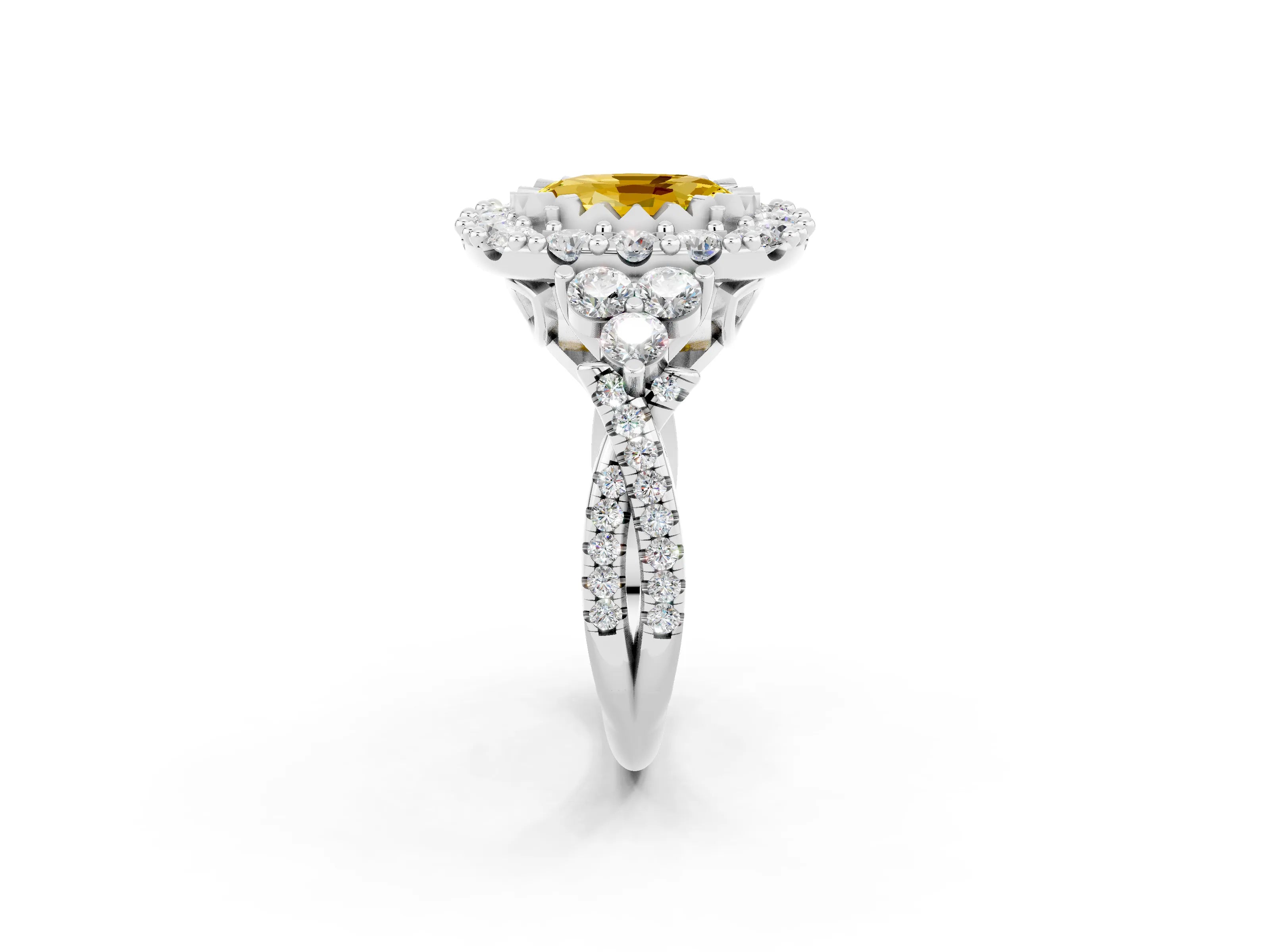 White gold Oval Cut Yellow Sapphire Halo Ring with Pavé Band and Four-Prong Setting_14