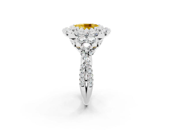 White gold Oval Cut Yellow Sapphire Halo Ring with Pavé Band and Four-Prong Setting