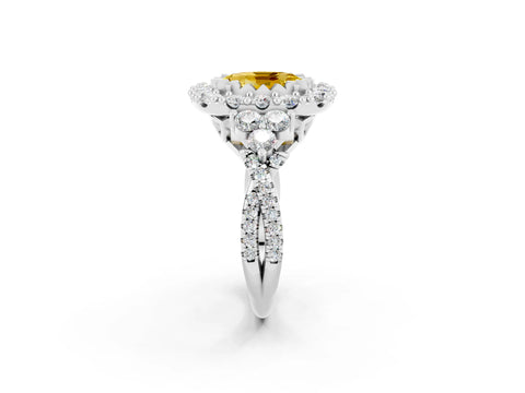 White gold Oval Cut Yellow Sapphire Halo Ring with Pavé Band and Four-Prong Setting_14