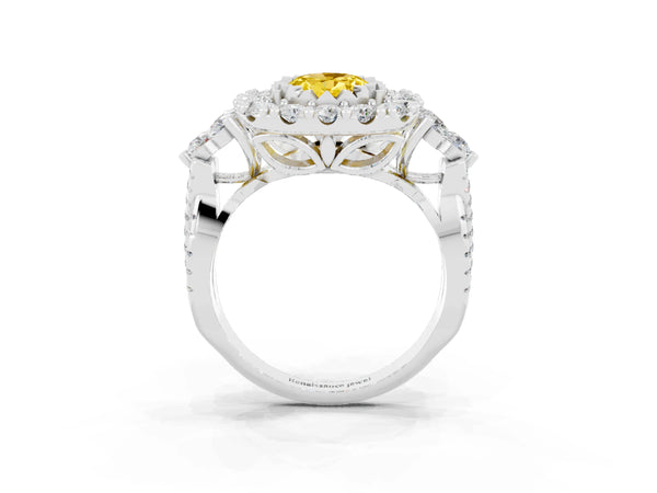 Silver Oval Cut Yellow Sapphire Halo Ring with Pavé Band and Four-Prong Setting