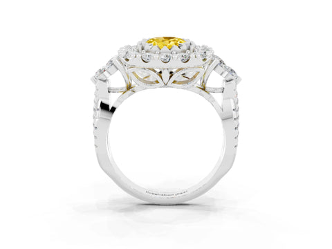 White gold Oval Cut Yellow Sapphire Halo Ring with Pavé Band and Four-Prong Setting_15