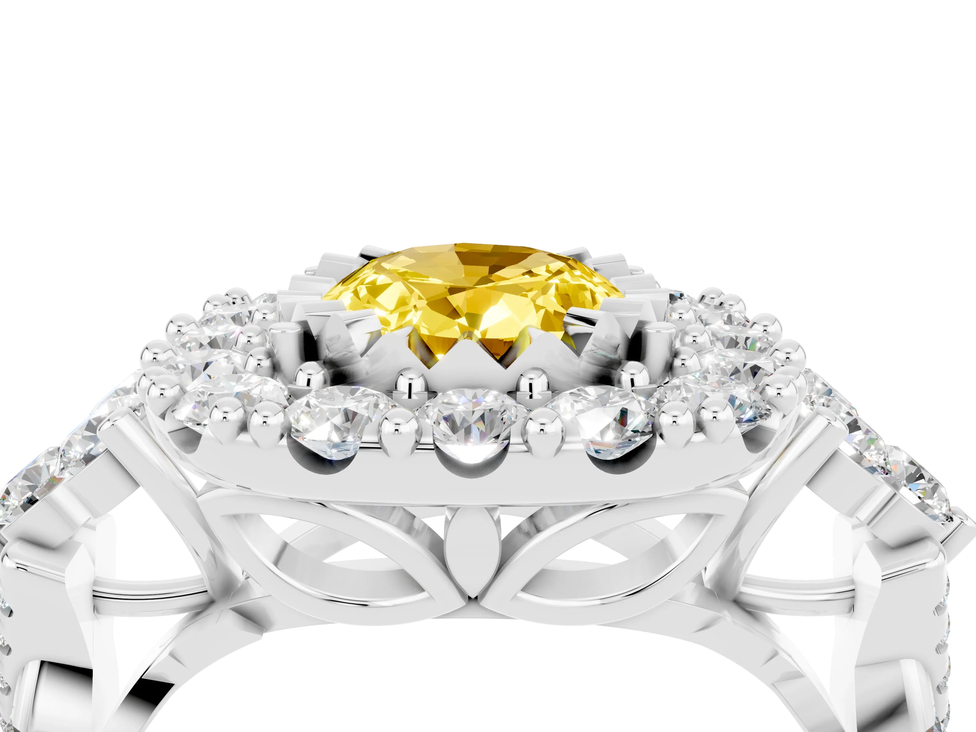 White gold Oval Cut Yellow Sapphire Halo Ring with Pavé Band and Four-Prong Setting_16