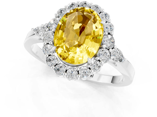 Silver Oval Cut Yellow Sapphire Halo Ring with Pear Side Stones and Prong Setting
