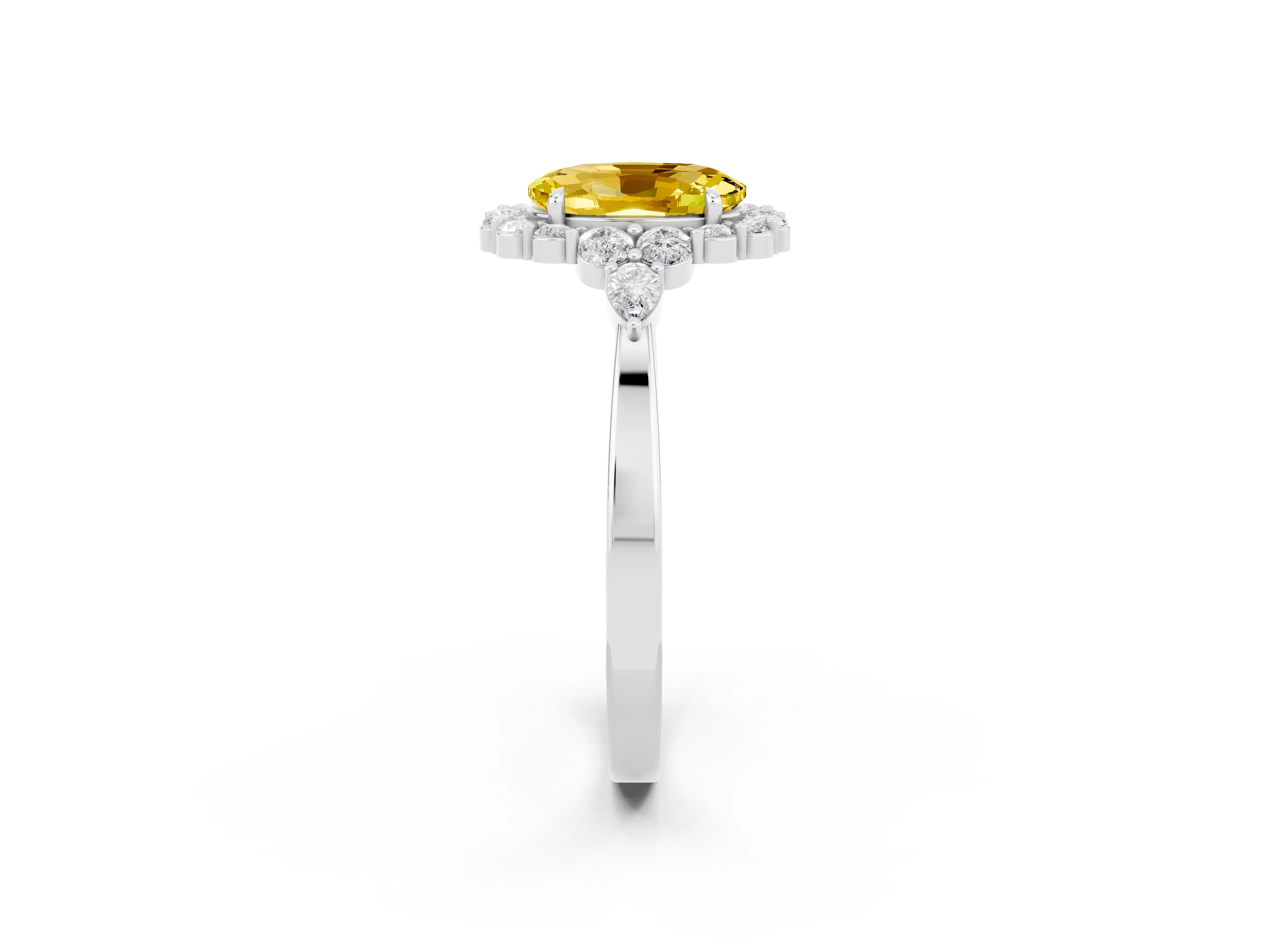 White gold Oval Cut Yellow Sapphire Halo Ring with Pear Side Stones and Prong Setting_26