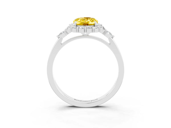 Platinum Oval Cut Yellow Sapphire Halo Ring with Pear Side Stones and Prong Setting
