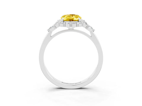 White gold Oval Cut Yellow Sapphire Halo Ring with Pear Side Stones and Prong Setting_27
