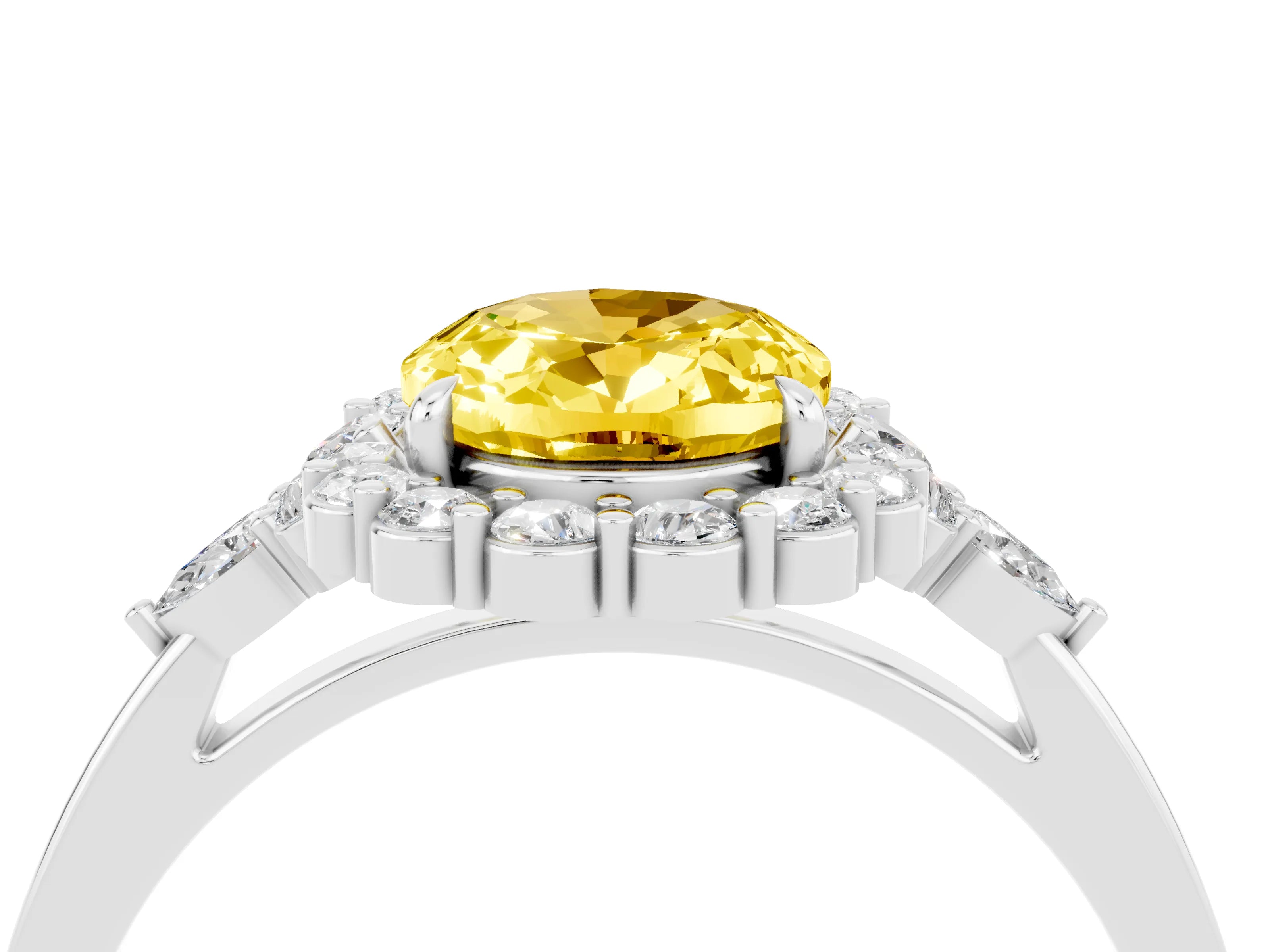 White gold Oval Cut Yellow Sapphire Halo Ring with Pear Side Stones and Prong Setting_28