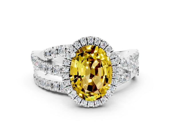 White gold Oval Cut Yellow Sapphire Halo Ring with Round Split Shank and Prong Setting