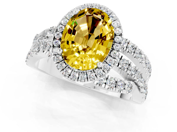 Silver Oval Cut Yellow Sapphire Halo Ring with Round Split Shank and Prong Setting
