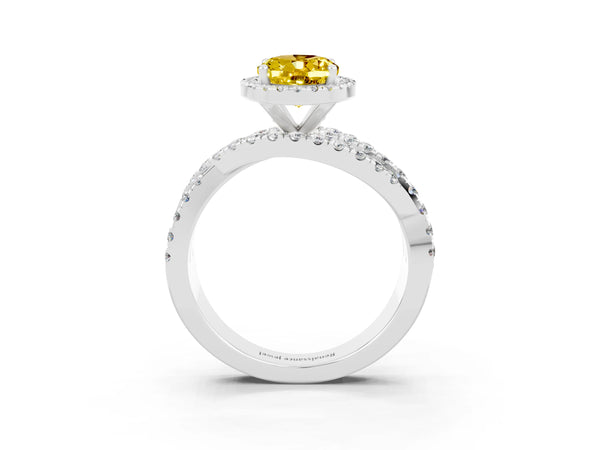 White gold Oval Cut Yellow Sapphire Halo Ring with Round Split Shank and Prong Setting