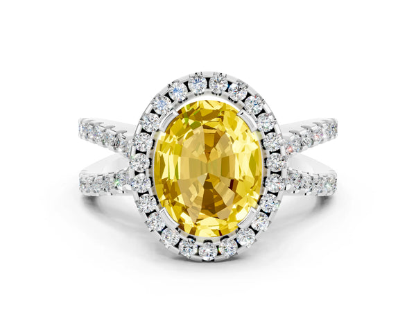 Platinum Oval Cut Yellow Sapphire Halo Ring with Split Shank Pavé Band and Prong Setting