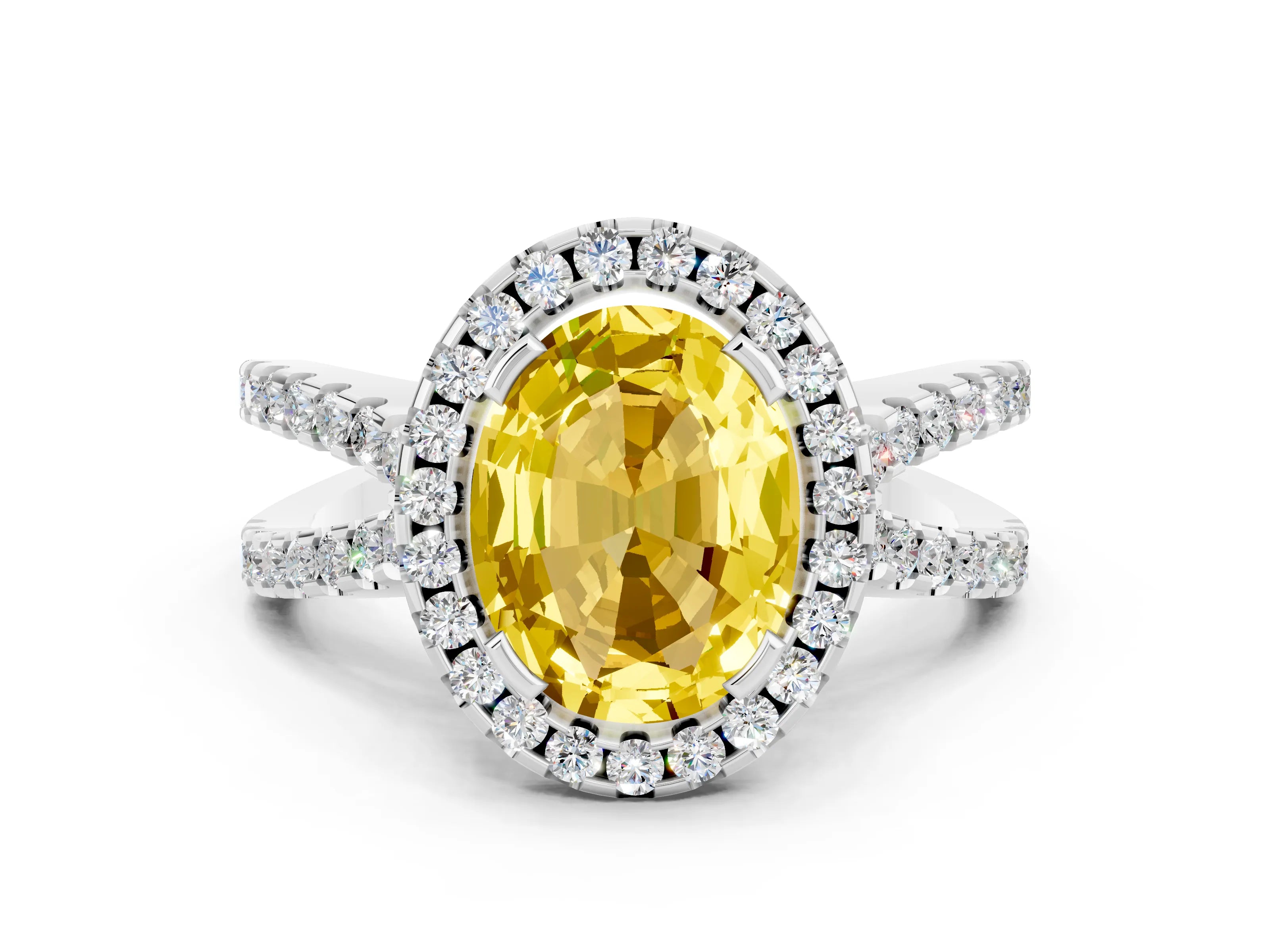 White gold Oval Cut Yellow Sapphire Halo Ring with Split Shank Pavé Band and Prong Setting_12