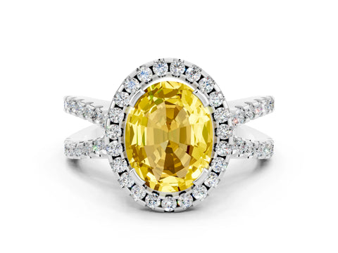 White gold Oval Cut Yellow Sapphire Halo Ring with Split Shank Pavé Band and Prong Setting_12