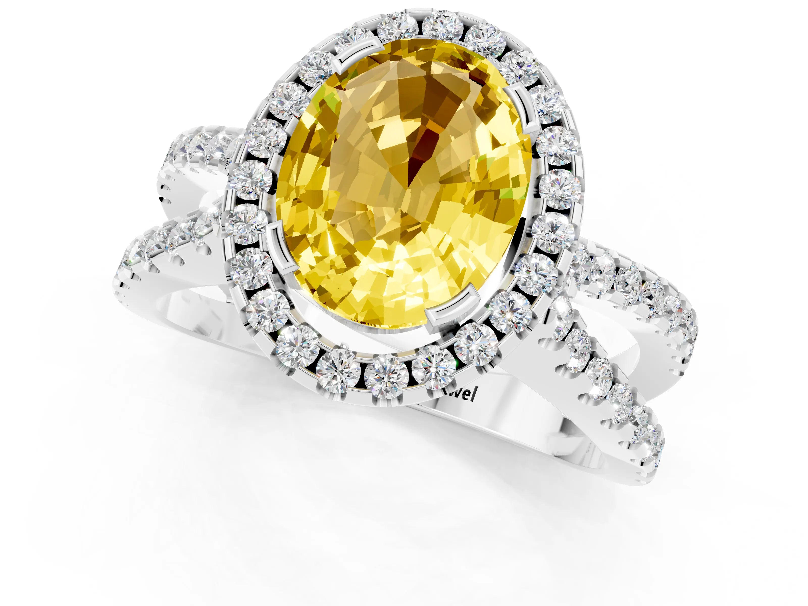 White gold Oval Cut Yellow Sapphire Halo Ring with Split Shank Pavé Band and Prong Setting_13