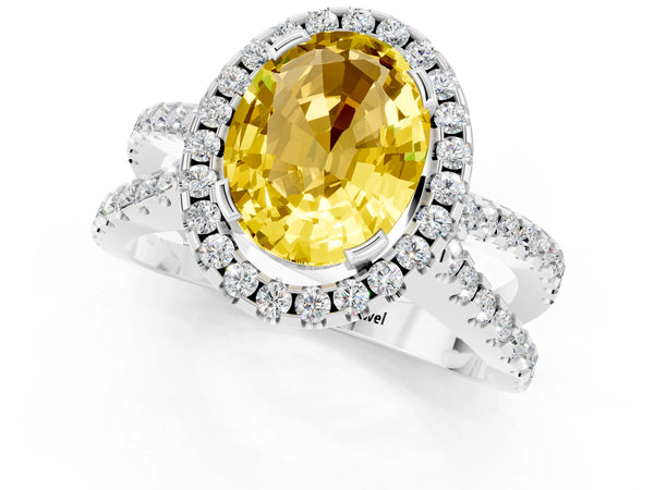 White gold Oval Cut Yellow Sapphire Halo Ring with Split Shank Pavé Band and Prong Setting