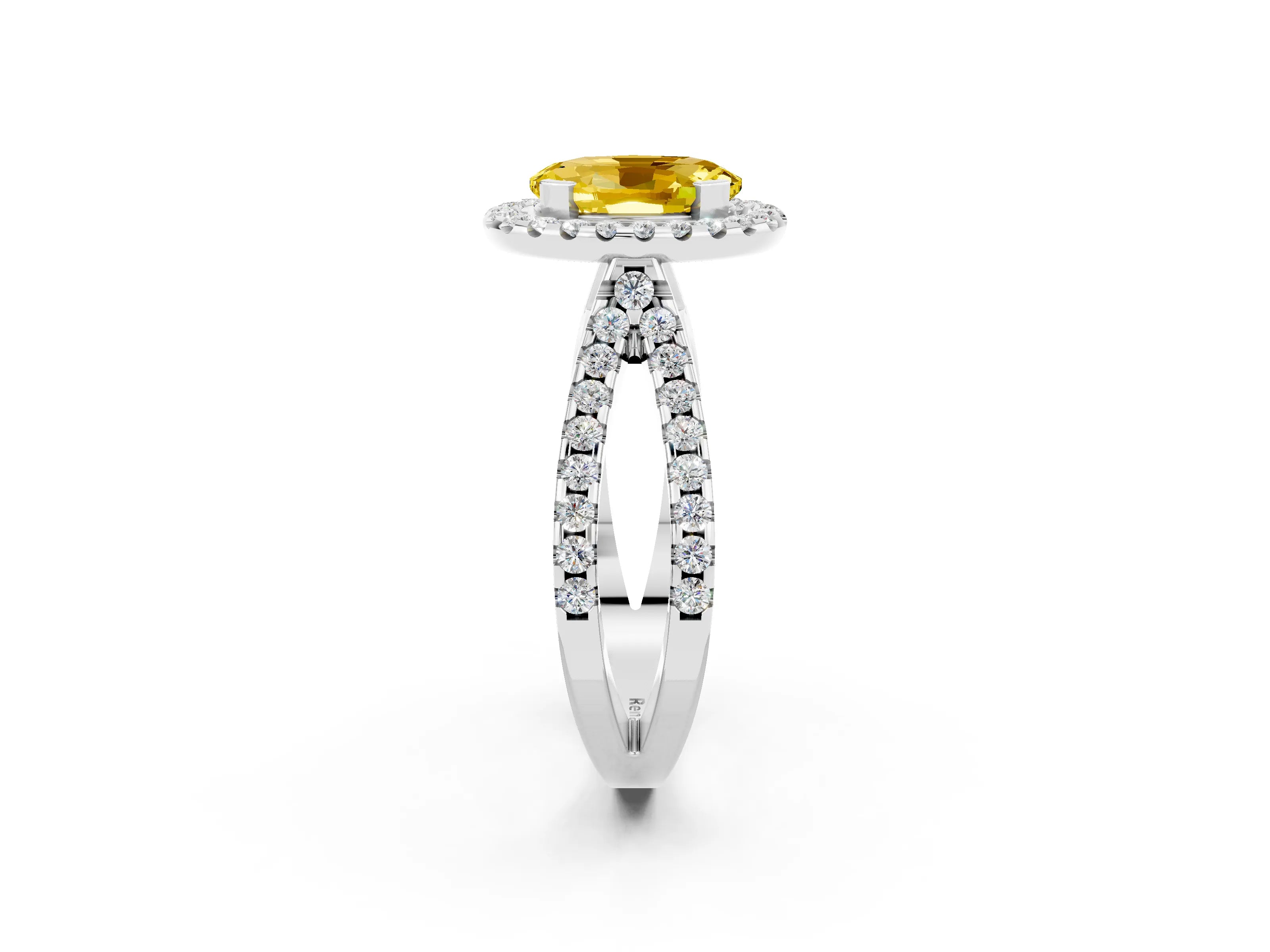 White gold Oval Cut Yellow Sapphire Halo Ring with Split Shank Pavé Band and Prong Setting_14