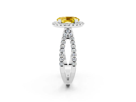 White gold Oval Cut Yellow Sapphire Halo Ring with Split Shank Pavé Band and Prong Setting_14