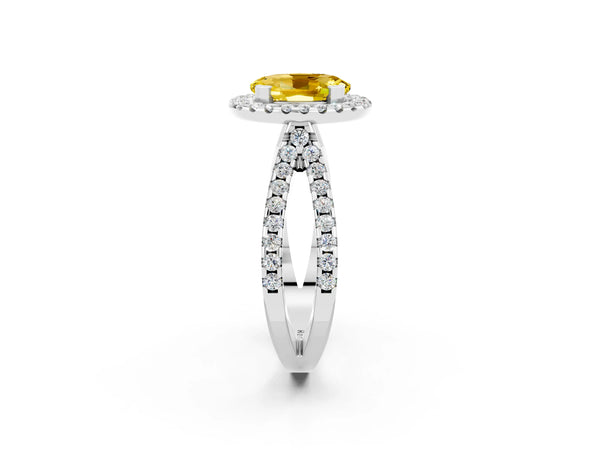 Silver Oval Cut Yellow Sapphire Halo Ring with Split Shank Pavé Band and Prong Setting