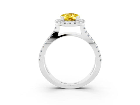 White gold Oval Cut Yellow Sapphire Halo Ring with Split Shank Pavé Band and Prong Setting_15