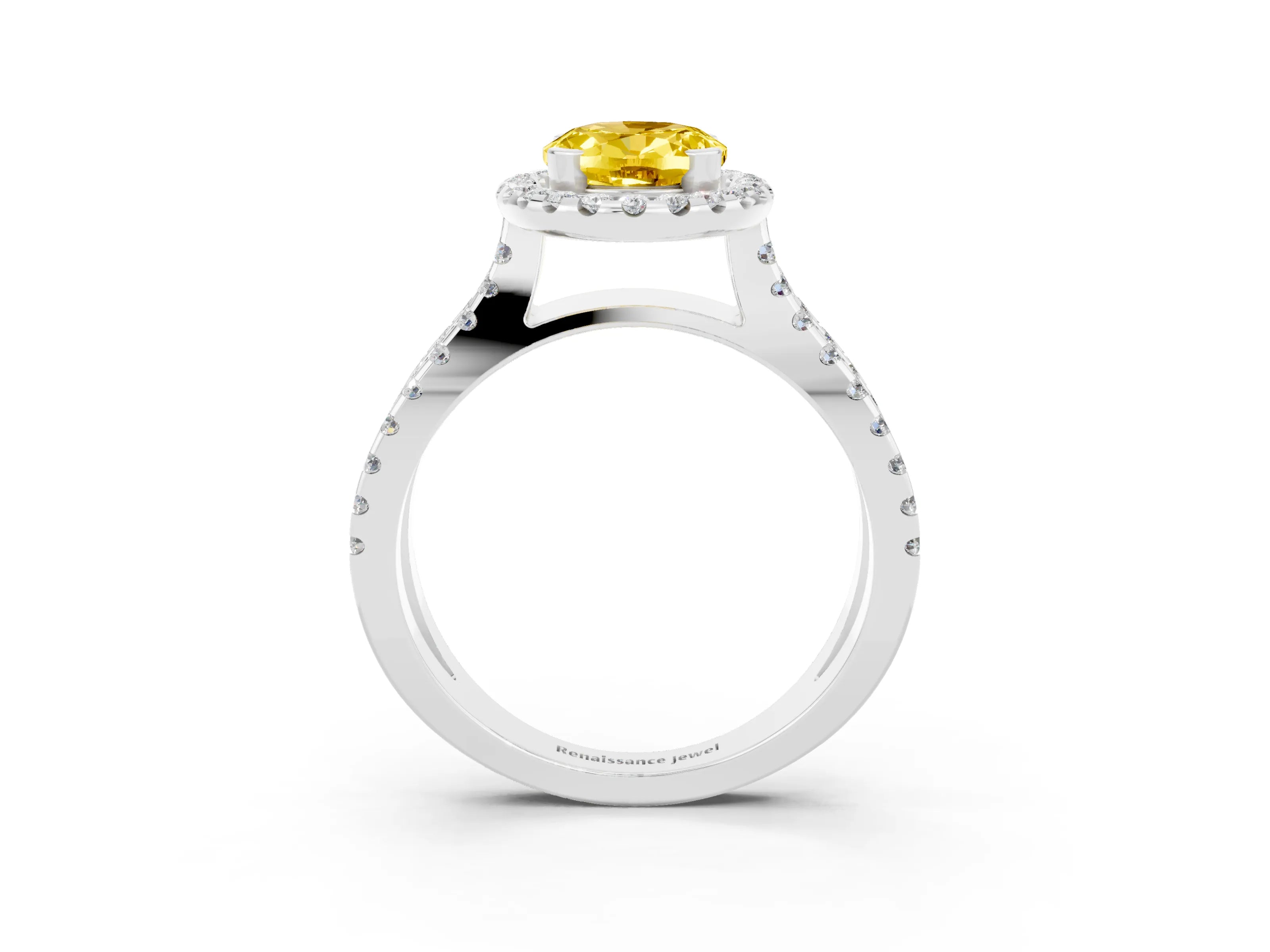 White gold Oval Cut Yellow Sapphire Halo Ring with Split Shank Pavé Band and Prong Setting_15