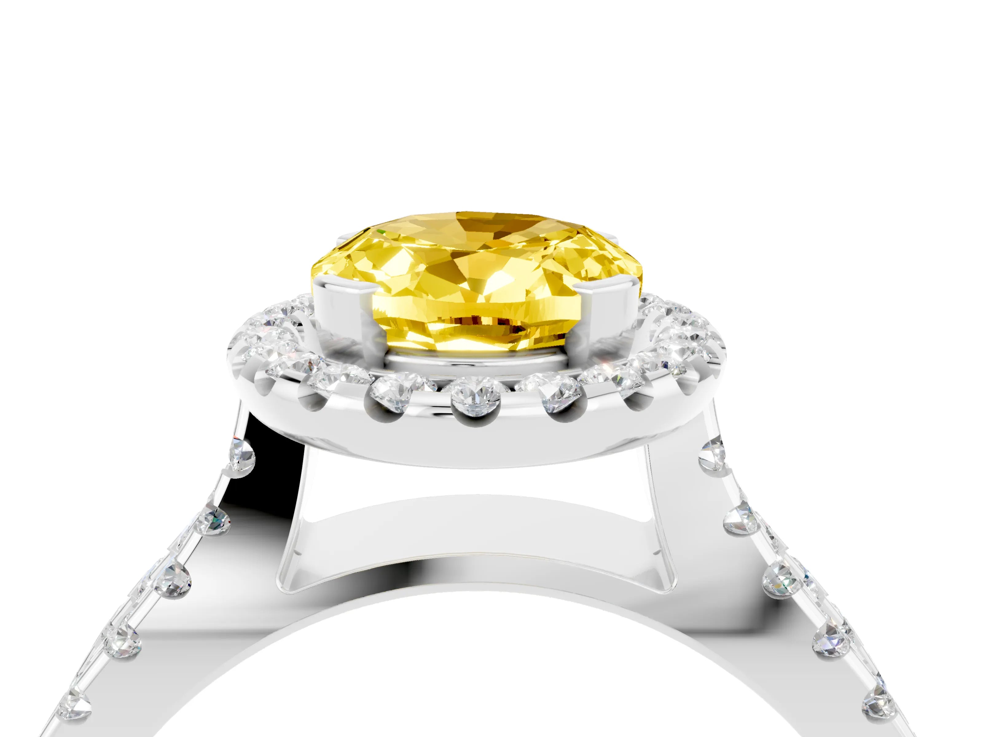 White gold Oval Cut Yellow Sapphire Halo Ring with Split Shank Pavé Band and Prong Setting_16