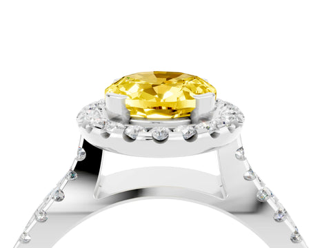 White gold Oval Cut Yellow Sapphire Halo Ring with Split Shank Pavé Band and Prong Setting_16