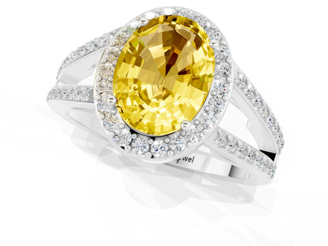 White gold Oval Cut Yellow Sapphire Halo Ring with Split Shank U-Prong Band and Four-Prong Setting_1