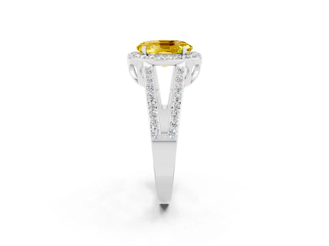 White gold Oval Cut Yellow Sapphire Halo Ring with Split Shank U-Prong Band and Four-Prong Setting_2