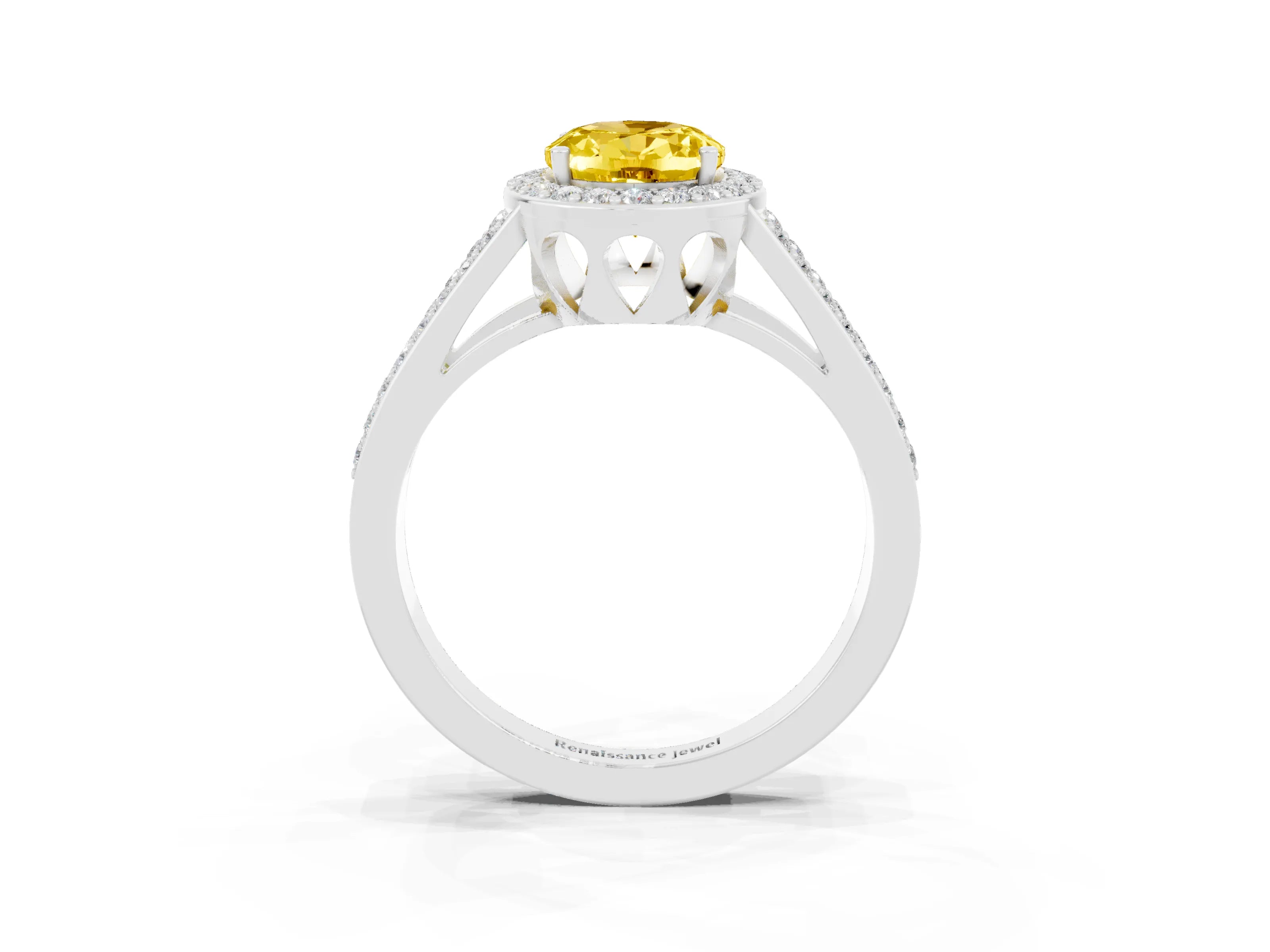 White gold Oval Cut Yellow Sapphire Halo Ring with Split Shank U-Prong Band and Four-Prong Setting_3