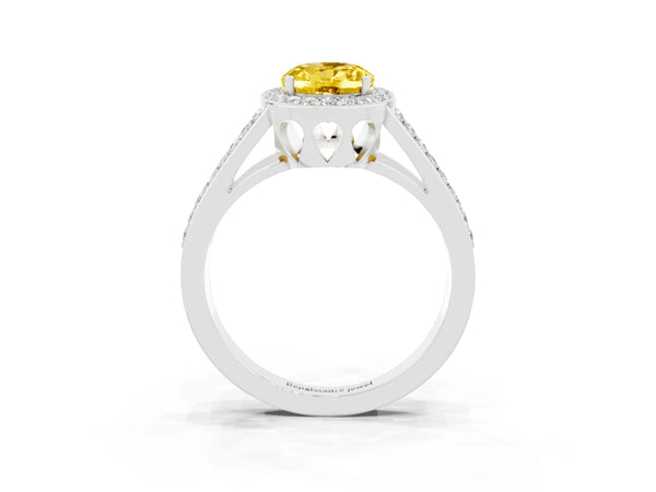 White gold Oval Cut Yellow Sapphire Halo Ring with Split Shank U-Prong Band and Four-Prong Setting