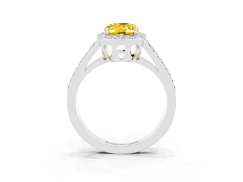 White gold Oval Cut Yellow Sapphire Halo Ring with Split Shank U-Prong Band and Four-Prong Setting_3