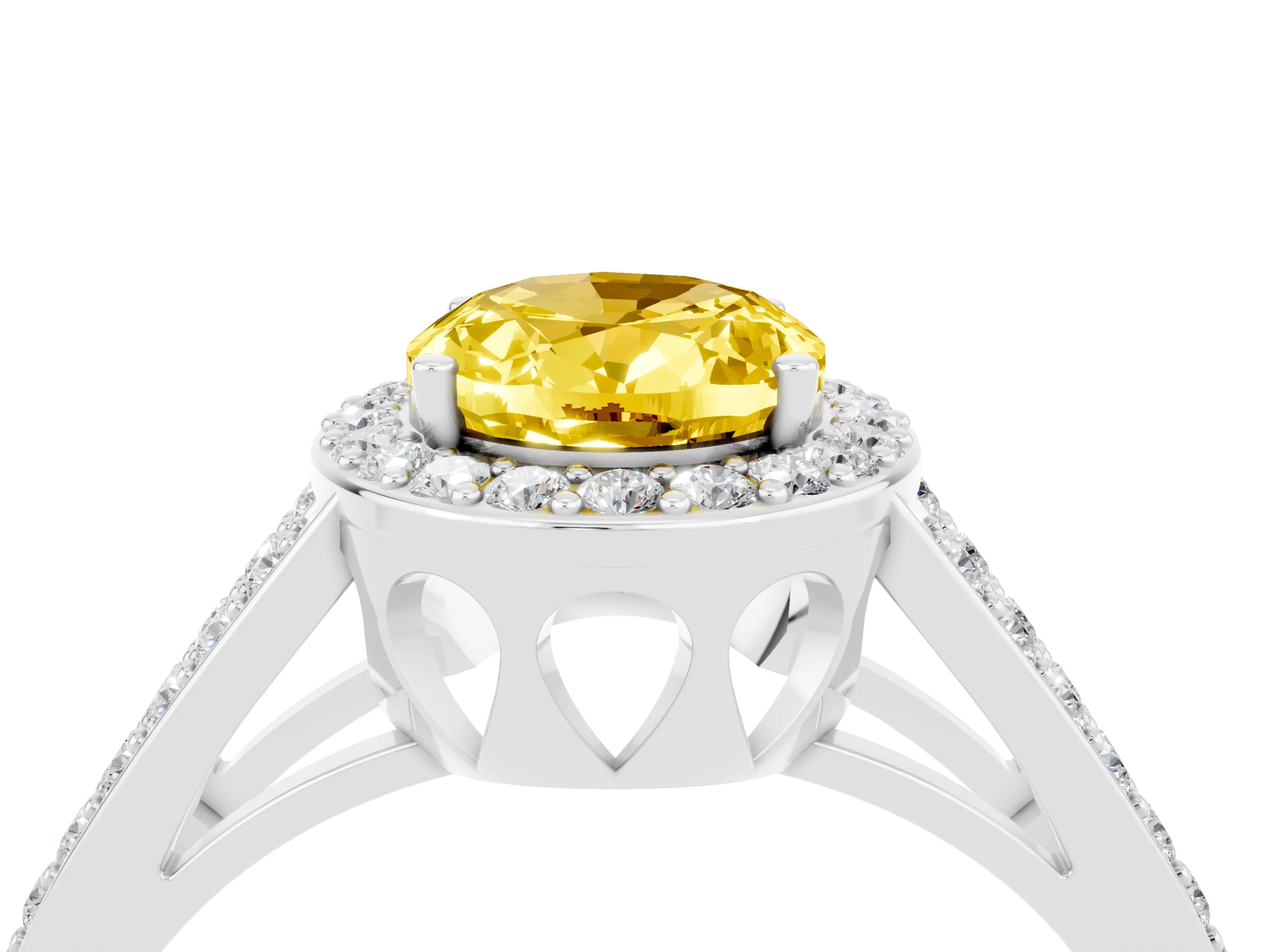 White gold Oval Cut Yellow Sapphire Halo Ring with Split Shank U-Prong Band and Four-Prong Setting_4